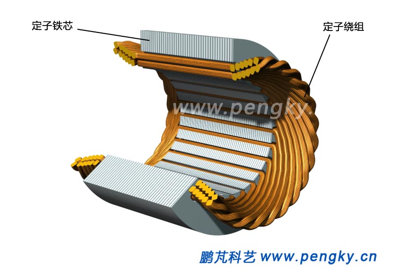 剖開的定子鐵芯與繞組