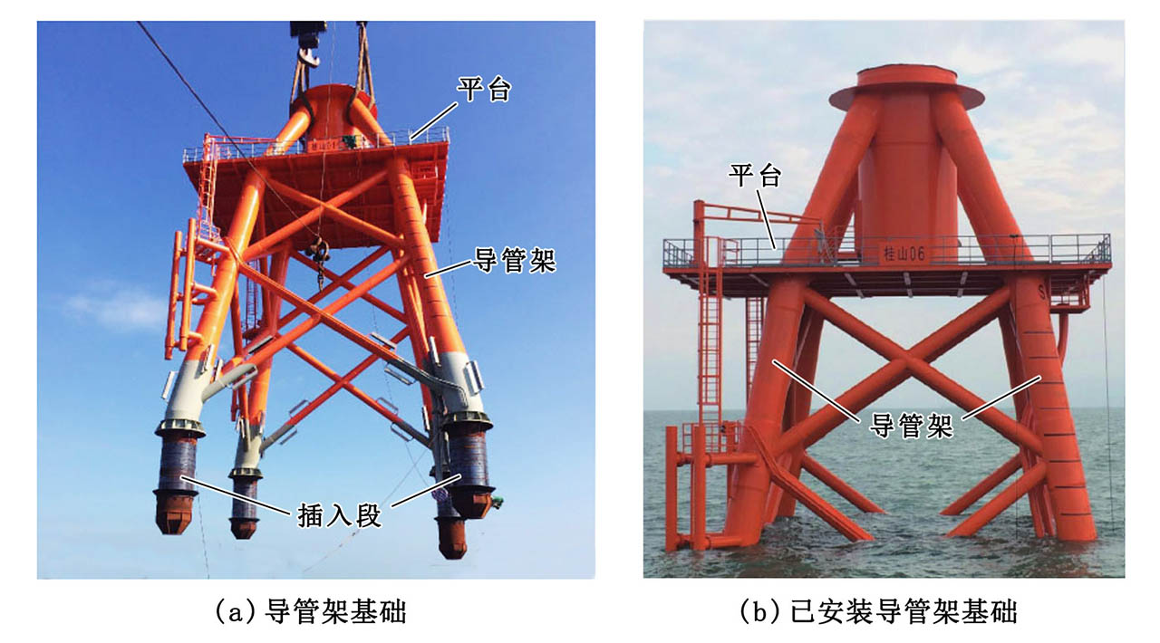 海上風(fēng)力發(fā)電機(jī)組導(dǎo)管架群樁基礎(chǔ)照片